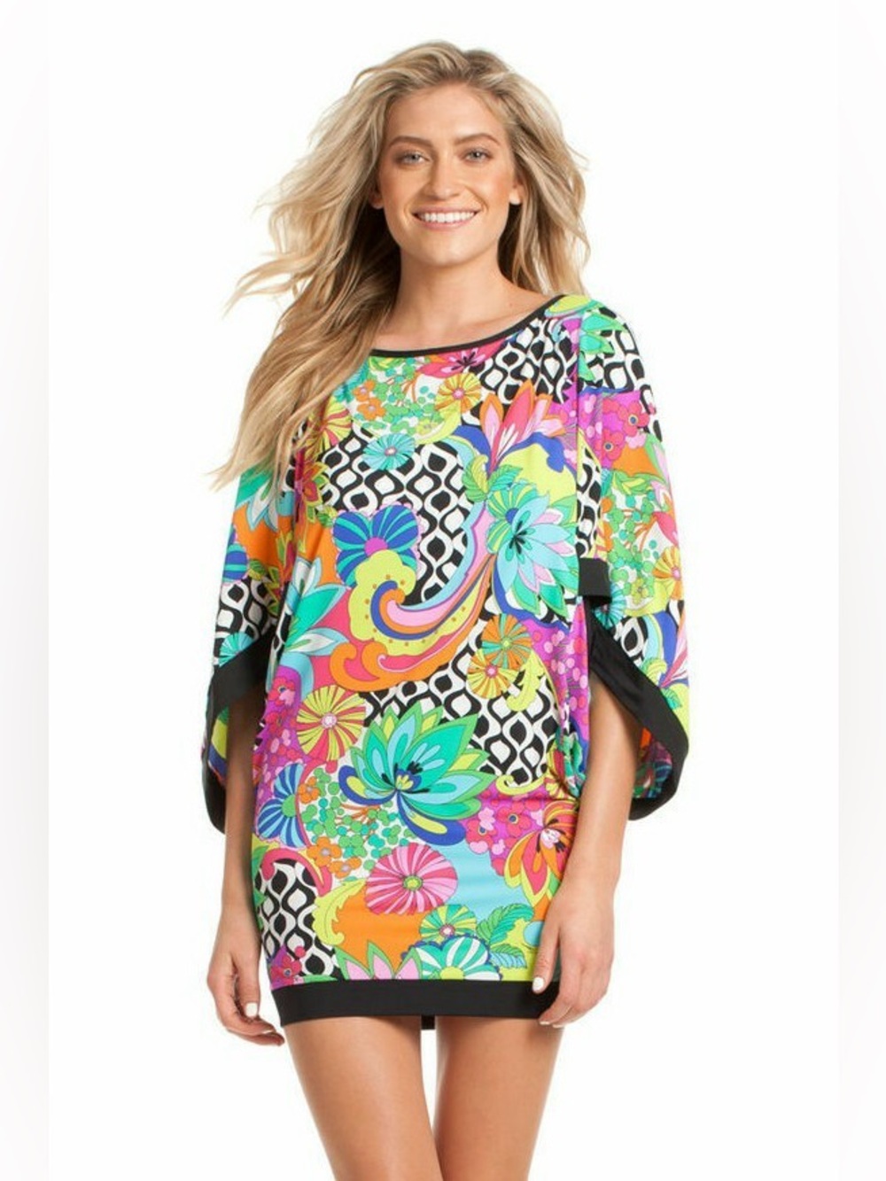 Trina Turk Neon Floral & Geometric Balboa Print Dress Swim Coverup Black Trim